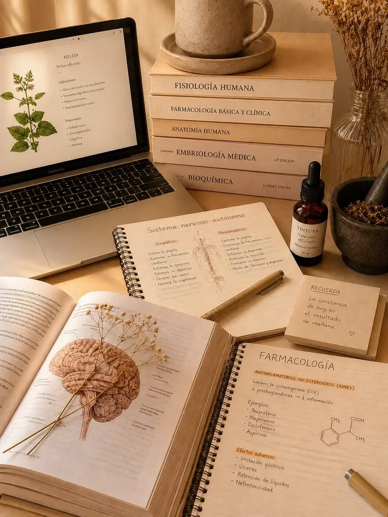 Escritorio de estudio con libros de medicina, apuntes y plantas medicinales
