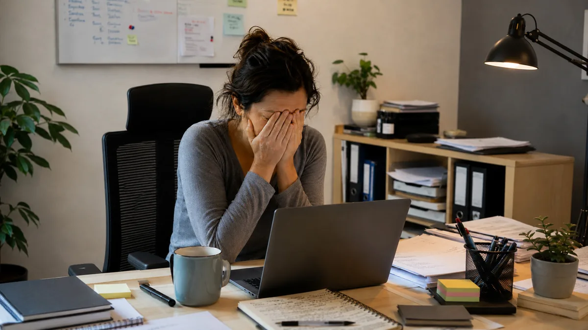 Mujer agotada frente a la computadora, con las manos en la cara