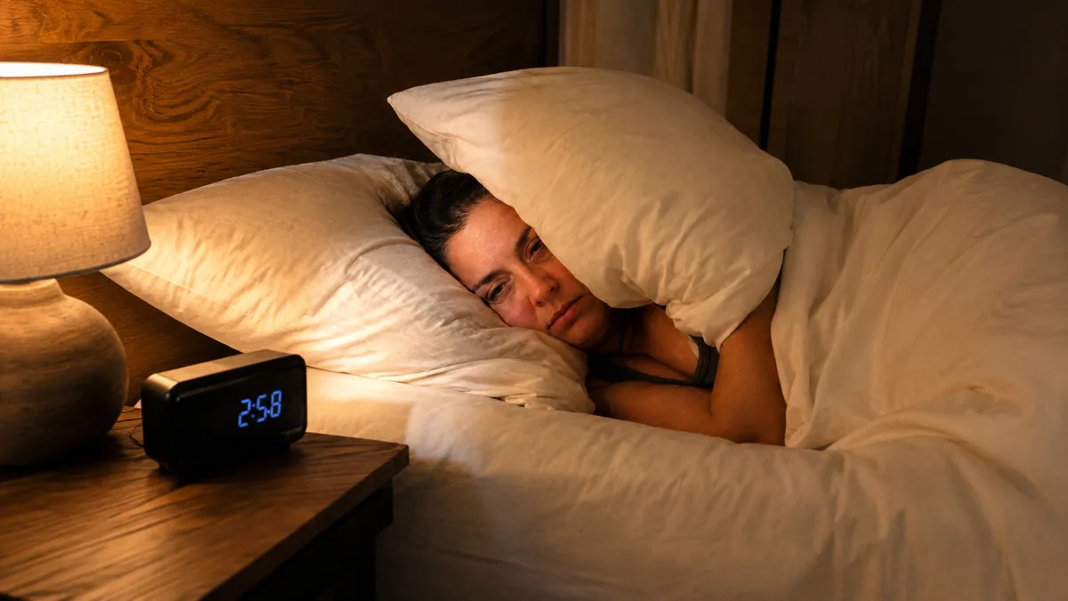 Mujer despierta en la cama de madrugada, con el reloj marcando cerca de las tres