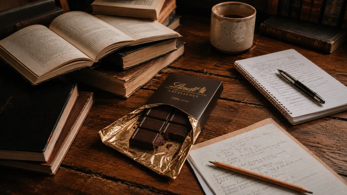 Escritorio con libros, apuntes y una tableta de chocolate